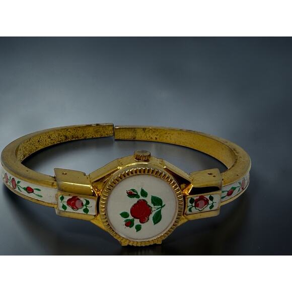 Gold Floral Bangle Analog Dress Wristwatch Round White Dial Metal 1950-70 6in main image 5